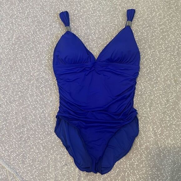 CARMEN MARC VALVO Bright Blue One Piece Swimsuit Deep V Ruched Slimming 12 - Picture 1 of 10